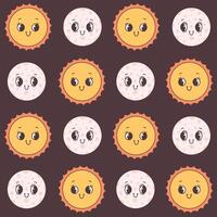 Seamless pattern with Moon and Sun. Trendy groovy cartoon characters vector