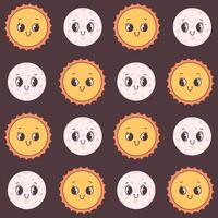 Seamless pattern with Moon and Sun. Trendy groovy cartoon characters vector