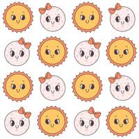 Seamless pattern with Moon and Sun. Trendy groovy cartoon characters vector