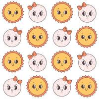 Seamless pattern with Moon and Sun. Trendy groovy cartoon characters vector