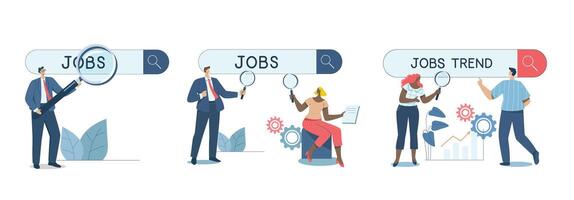 Set of searching for job. Finding new business opportunities or looking for a new job, Internet marketing concept, Vacancy, Employee using magnifying glass to search for job on search bar. vector