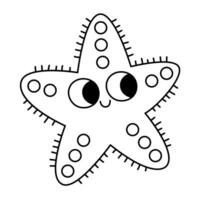 black and white starfish icon. Under the sea line illustration with cute funny star fish. Ocean animal clipart. Cartoon underwater or marine clip art or coloring page for children vector