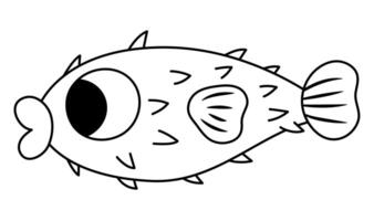 black and white blowfish icon. Under the sea line illustration with cute funny deflated spiky fish. Ocean animal clipart. Cartoon underwater or marine clip art, coloring page for children vector