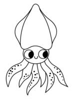 black and white squid icon. Under the sea line illustration with cute funny calamari fish. Ocean animal clipart. Cartoon underwater or marine clip art or coloring page for children vector