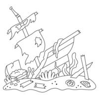 black and white wrecked ship icon. Sunken sea vessel line illustration. Ruined pirate boat with treasure chest on the seabed. Cartoon underwater or marine coloring page for children vector