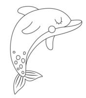 black and white dolphin icon. Under the sea line illustration with cute funny fish. Ocean animal clipart. Cartoon underwater or marine clip art or coloring page for children vector