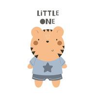 pequeño uno. dibujos animados tigre, mano dibujo letras, decoración elemento vector