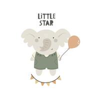 Little star. Cartoon elephant, hand drawing lettering, decor element vector