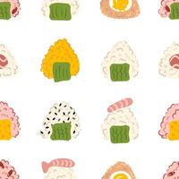 Umeboshi, shrimp, takikomigohan onigiri rice ball seamless pattern. Perfect print for paper, textile, fabric, menu and stationery. Hand drawn illustration. vector