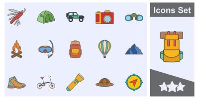 adventure, outdoor and camping activities icon set, Included icons as tent, camera, mount and more symbols collection, logo isolated illustration vector