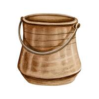 Empty copper bucker with handle watercolor illustration Vintage metal pot for plants and flowers realistic drawing vector