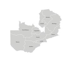 isolated illustration of simplified administrative map of Zambia. Borders and names of the provinces, regions. Grey silhouettes. White outline vector