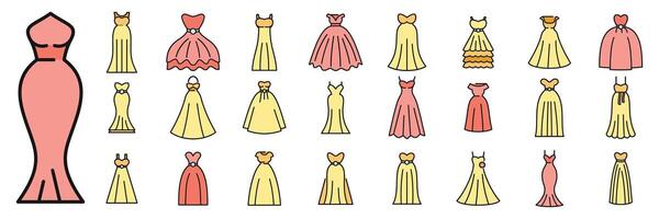 Wedding dress icons set color line vector