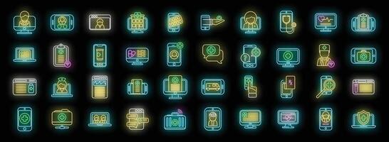 Online medical consultation icons set neon vector