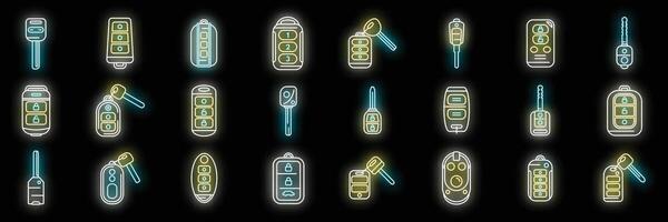 Smart car key icons set neon vector