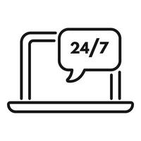 24 hours online support icon outline . Laptop tech work vector
