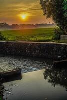 Close view of the water flow in a small river for irrigating rice fields, with a sunset background with empty space for advertising. photo