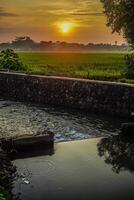 Close view of the water flow in a small river for irrigating rice fields, with a sunset background with empty space for advertising. photo