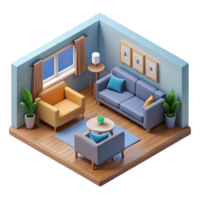 3d isometric interior design of living room png