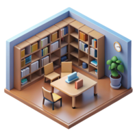 3d isometrische interieur ontwerp van bibliotheek kamer png