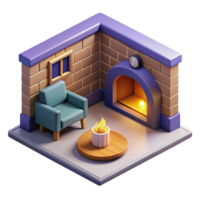 3d isometric interior design of fireplace room png