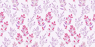 Abstract violet small branches leaves and tiny flowers buds seamless pattern on a light background. Simple creative purple floral stems print. hand drawn sketch. Template for designs, fabric vector