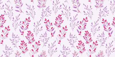 Abstract violet small branches leaves and tiny flowers buds seamless pattern on a light background. Simple creative purple floral stems print. hand drawn sketch. Template for designs, fabric vector