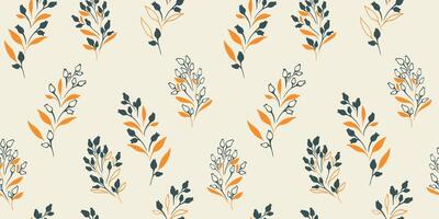 Minimalist seamless pattern with hand drawn sketch flat branches with tiny leaves, buds flowers. Vintage retro simple wild floral printing. Collage template for designs, fabric, textile vector