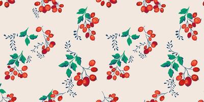 Artistic creative branches with red berries and leaves scattered randomly in a seamless pattern. hand drawn. Abstract autumn juniper, boxwood, viburnum, barberry printing. Template for designs vector