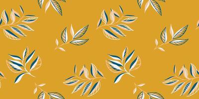 Colorful minimalistic, abstract seamless pattern with tiny branches creative leaves. hand drawn. Simple yellow background with tropical stems plants. Collage template for designs, printing vector