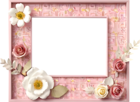 pink photo frame with flowers and leaves png