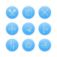 sports and games line icons on blue round shapes vector