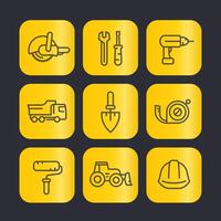 construction tools line icons set, trowel, wrench, drill, saw, paint roller, tape measure, hammer, illustration vector