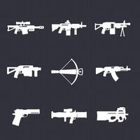 weapons, firearms icons set, automatic guns, sniper and assault rifles, crossbow, pistol, grenade, rocket launchers, illustration vector