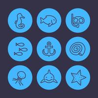 Sea line icons set, shark, fish, shell, medusa, starfish, anchor, diving mask vector