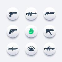 weapons icons set, pistol, rifle, revolver, shotgun, grenade, submachine gun, knife, rocket launcher, firearms pictograms vector