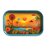 tropical tray with flowers and palm trees on a beach png