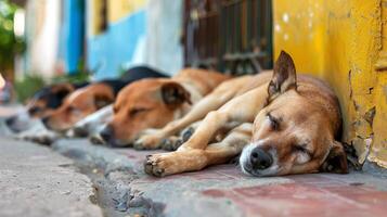 dogs resting on street pavement, urban canine relaxation scene photo