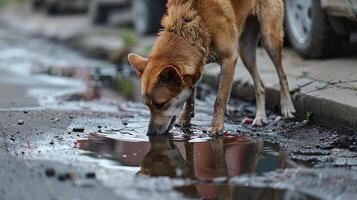 dog hydrating on street pavement, urban pet scene with water hole photo