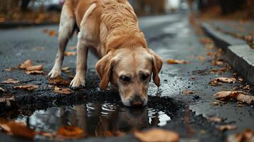 perro Bebiendo agua desde calle agujero, urbano canino hidratación escena foto