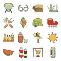 paquete de cámping y verano plano icono vector