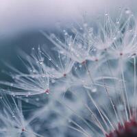 drops on the dandelion flower seed in springtime, blue background photo