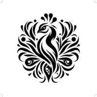 Peacock in modern tribal tattoo, abstract line art of animals, minimalist contour. vector