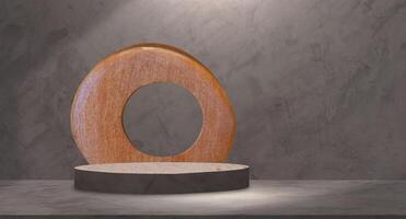 GEmpty round podium with abstract wooden shape on mockup stage cement loft wall room studio backdrop for product display presentation background, illustrationenerated Image photo