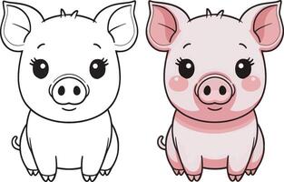 Pig cartoon character, cute lines and colorful coloring pages. vector