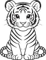 Tigre dibujos animados personaje, linda líneas y vistoso colorante paginas vector