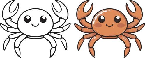 Crab, cute cartoon character, line drawings and colorful coloring pages. vector