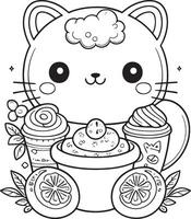 un linda gato es participación un taza de café y un cuenco de comida vector