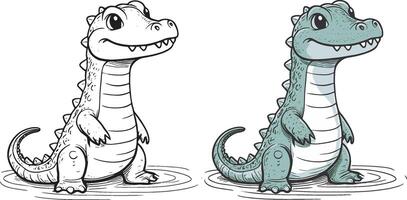 Crocodile, cute cartoon character, line drawing and colorful coloring page. vector