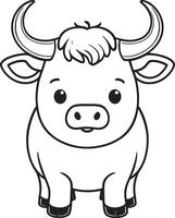 Cute cartoon character buffalo, line drawings and colorful coloring pages. vector